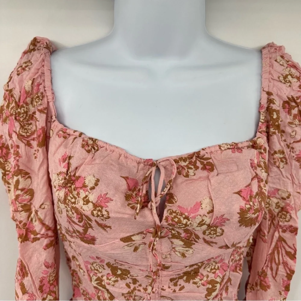 Free People Dusty Pink Floral Ruched Square-Neck Puff Sleeve Crop Top